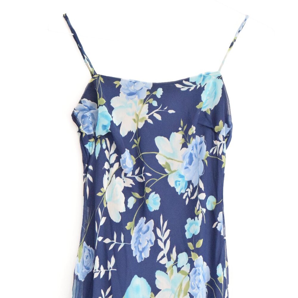 BE SMART Vintage Navy Blue Flowy Chiffon Floral High Low Maxi Dress | Size S - Picture 3 of 10